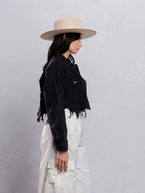 Black Wild Spirit Cream Font Crop Denim Jacket for wholesale on Faire