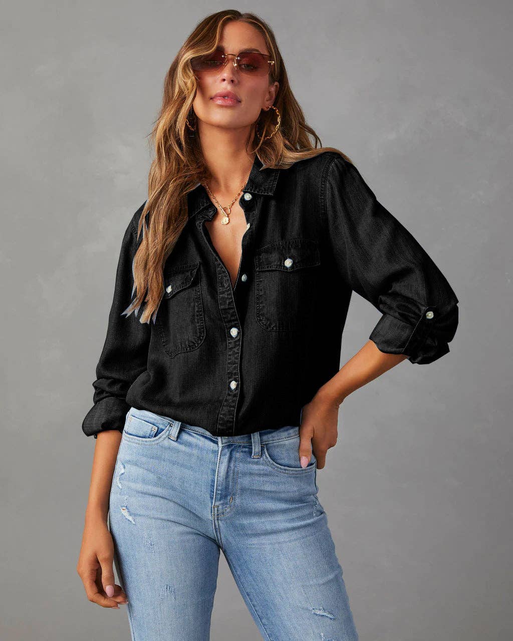 SALINA TRADING INC - Wholesale Button Down Shirt - Women's - Women's Long Sleeve Denim Shirt with Polo Collar3