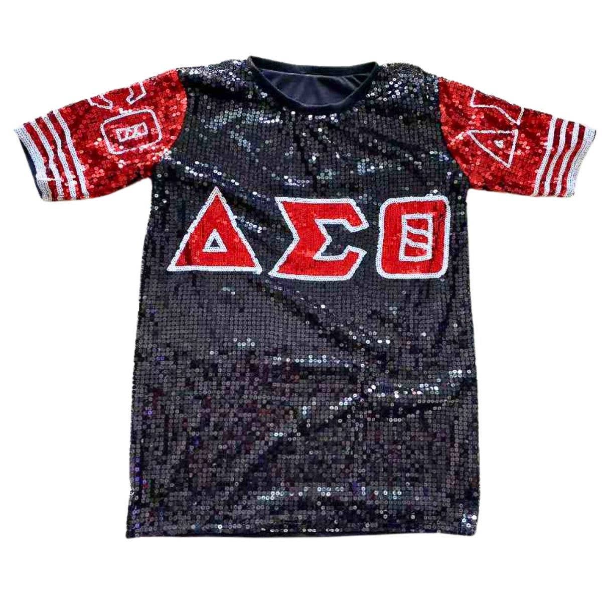 DST Sorority Black and Red Sequin Jersey Shirt for wholesale on Faire1