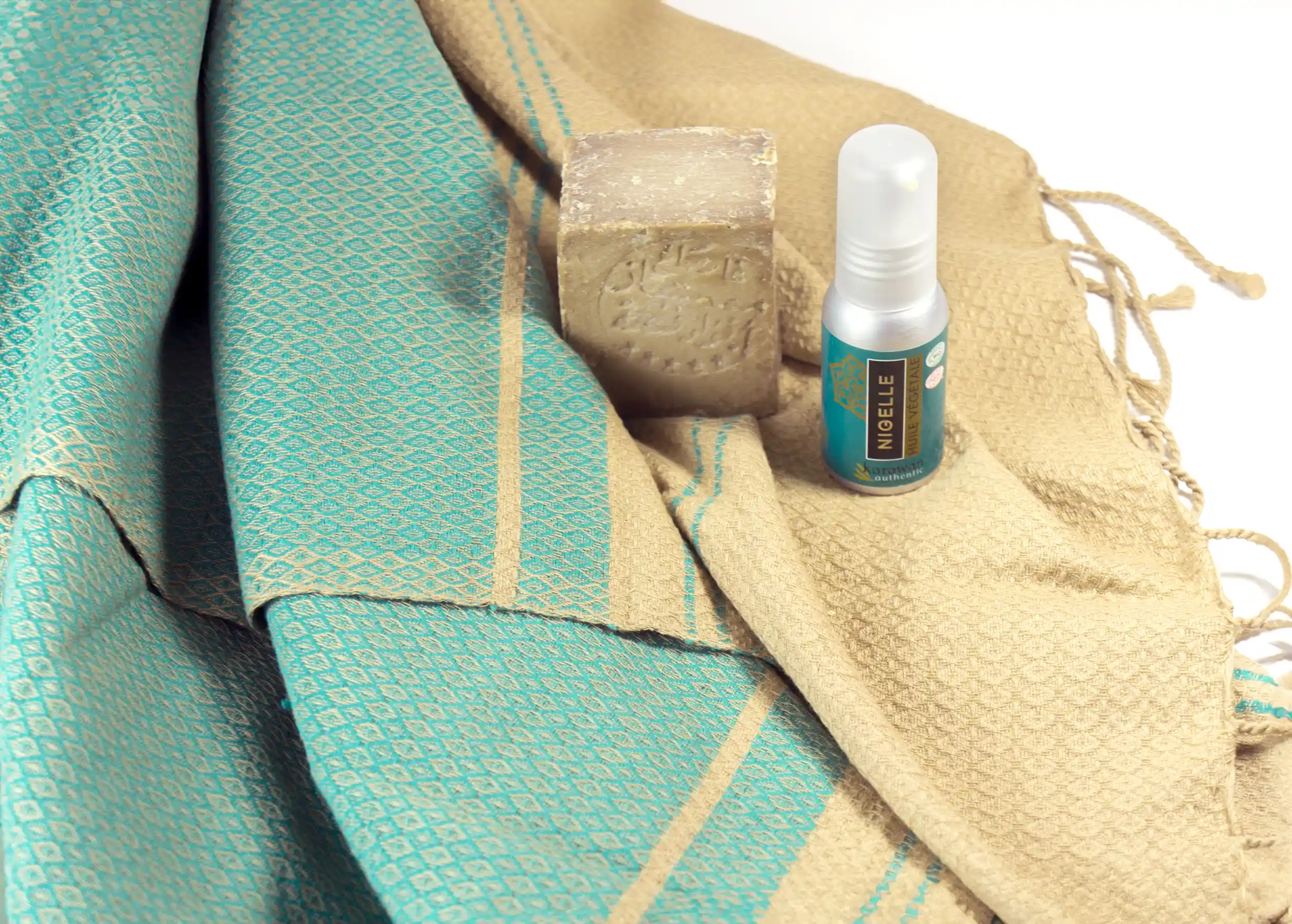 Karawan Authentic – Engroshandel Håndklædesæt – ALIZE SAND & BLÅ ØKOLOGISK BOMULD FOUTA - FARVE:1