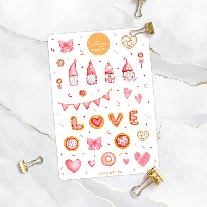 Gnome Sticker Sheet, Love Stickers, Valentine's Day Stickers, Planner Stickers, Bullet Journal Stickers, Scrapbook Stickers, Heart, Couple for wholesale by Art Tales Studio