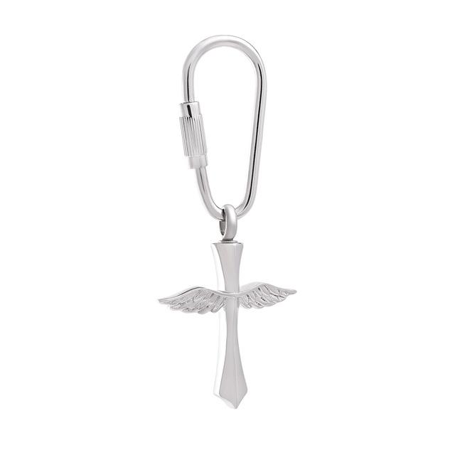 Silver Angel Wing Cross Cremation Urn Keychain for wholesale by Cherished Emblems