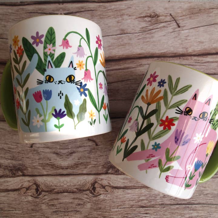 Colourful cats with flowers illustrated coffee mug for wholesale by I LIKE CATS