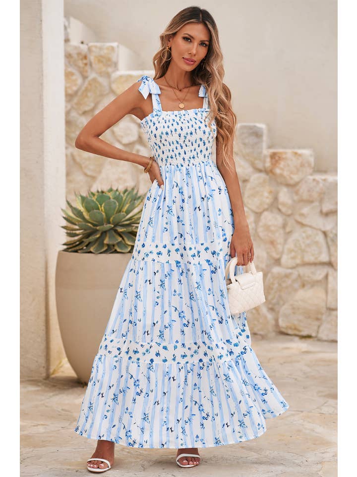 Sky Blue LDC Floral Smocked A-Lined Tied Straps Maxi Dress for wholesale on Faire
