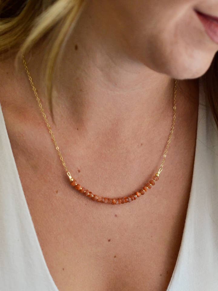 Beaded Sunstone Bar Necklace, Gold Filled, Sterling Silver for wholesale by GEMNIA