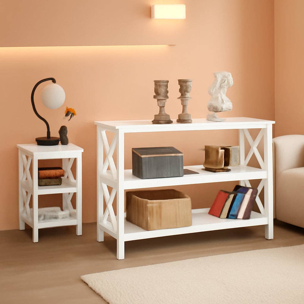 White Three Tier Console Table With Storage Shelves for wholesale on Faire