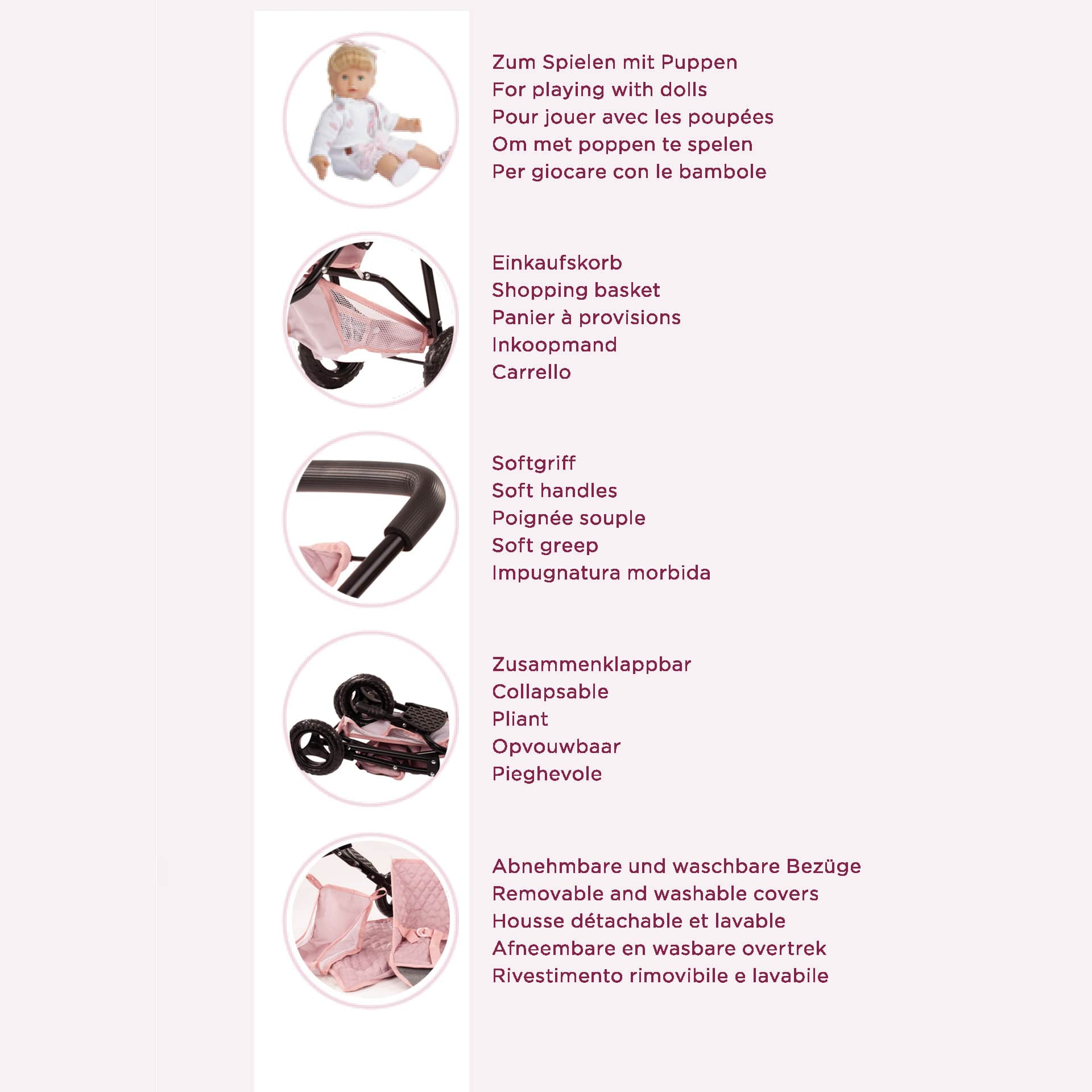 Gotz - Wholesale Doll - Kids - 3-Wheel Compact Grey-Pink "Soft Mood" Doll Buggy3