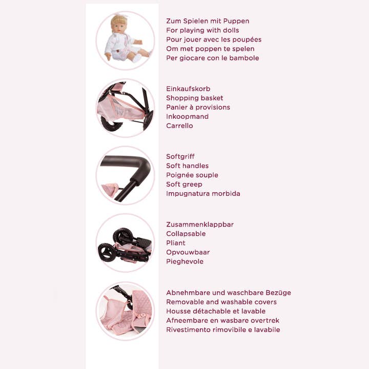 Gotz - Wholesale Doll - Kids - 3-Wheel Compact Grey-Pink "Soft Mood" Doll Buggy3