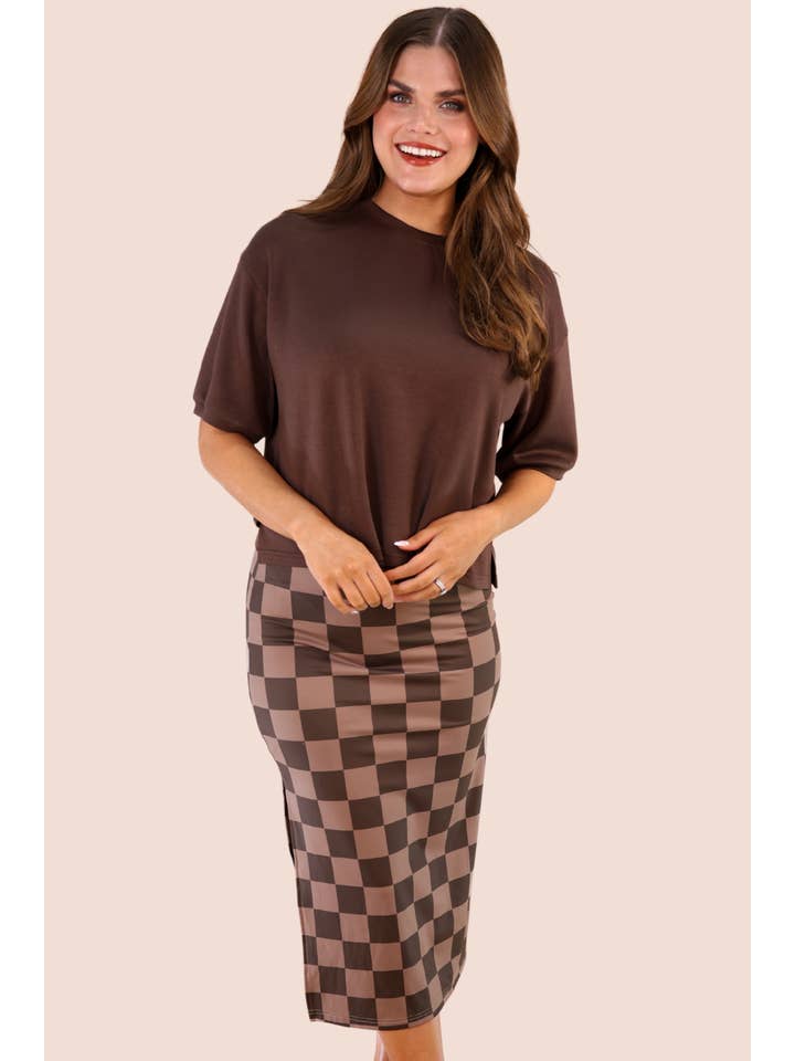 Black White Midi Skirt- Chocolate Checkered for wholesale on Faire7