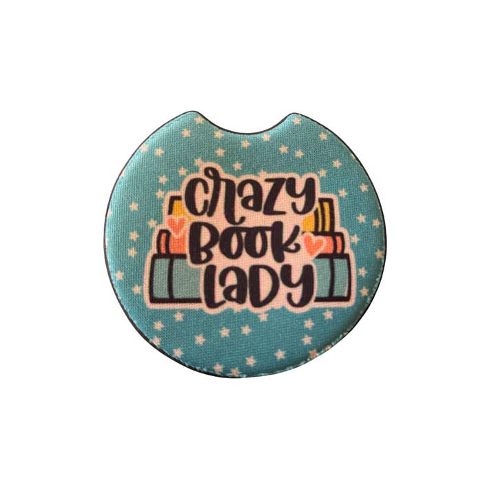 Crazy Book Lady | Book Lovers | Car Coaster Set of 2 for wholesale by Dirt Poor Designs