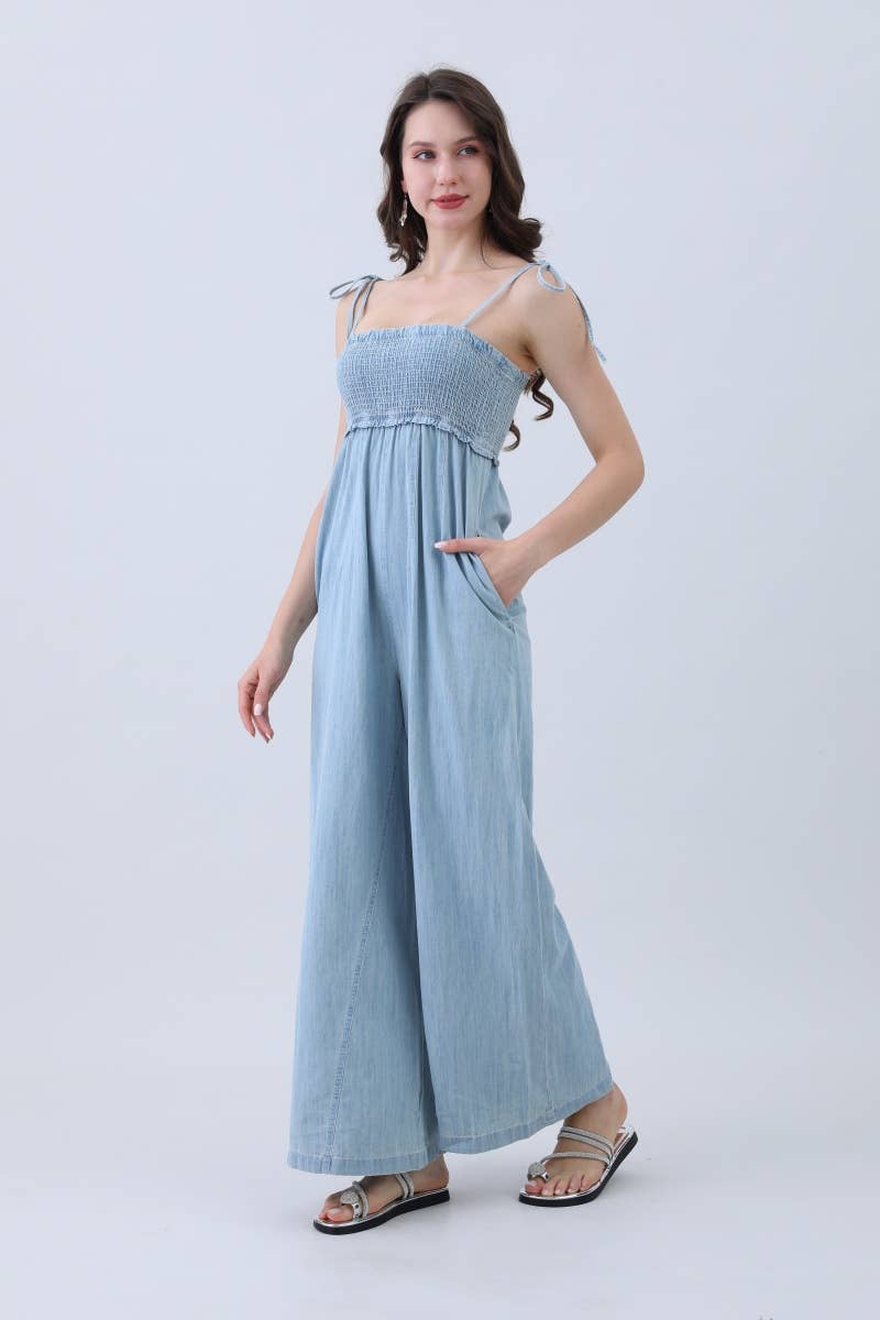 Women’s Light Blue Wide-Leg Denim Jumpsuit – Smocked Bodice for wholesale on Faire1