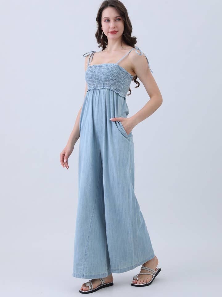 Women’s Light Blue Wide-Leg Denim Jumpsuit – Smocked Bodice for wholesale on Faire1