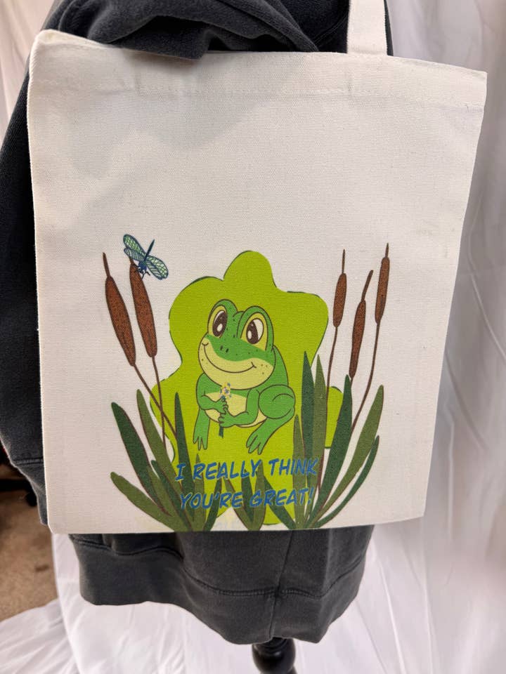 Adorable Tote Bags With Frog and Dragonfly, White Reusable Grocery Bags with Handles for Shopping, Sublimated Art Bag for wholesale by Outfolded