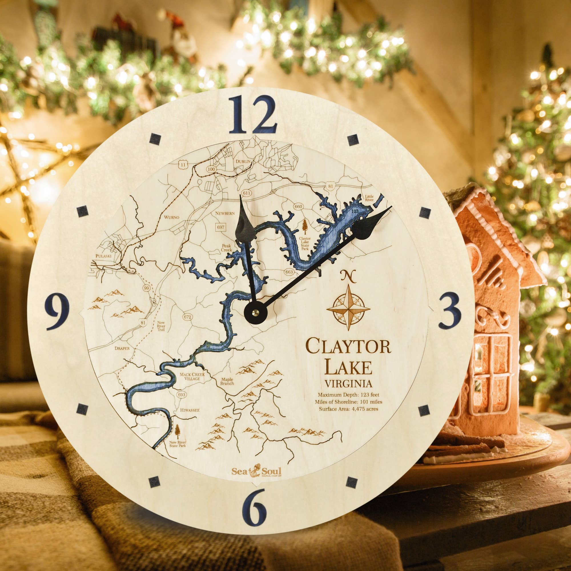 Sea & Soul Nautical Chart Art - Wholesale Wall Clock - Claytor Lake Virginia Nautical Map Wood Wall Clock - 2 Level1