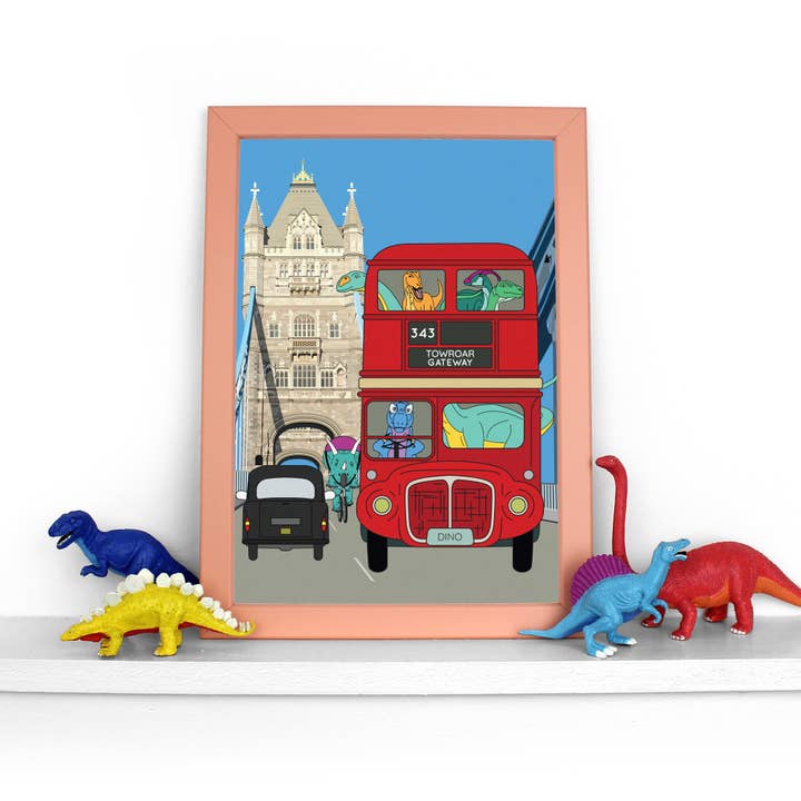 Dinosaur London Bus Poster Print for wholesale by Dinosaurs Doing Stuff
