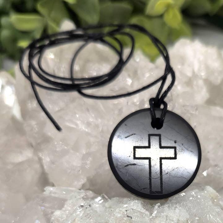 Meraki Gemstones - Wholesale Individual charm/pendant - Shungite Pendant Engraved with a Cross0