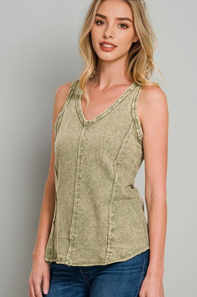 42POPS - Wholesale Tank Top - Women's - `.FRENCH TERRY CRINKLE WASHED RAW EDGE V-NECK SLEEVEL21