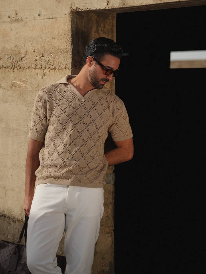 DONATO - Vendita all'ingrosso Polo - Uomo - CAMICIA POLO A COLLO APERTO CON DESIGN GEOMETRICO COLOR TORTORA0