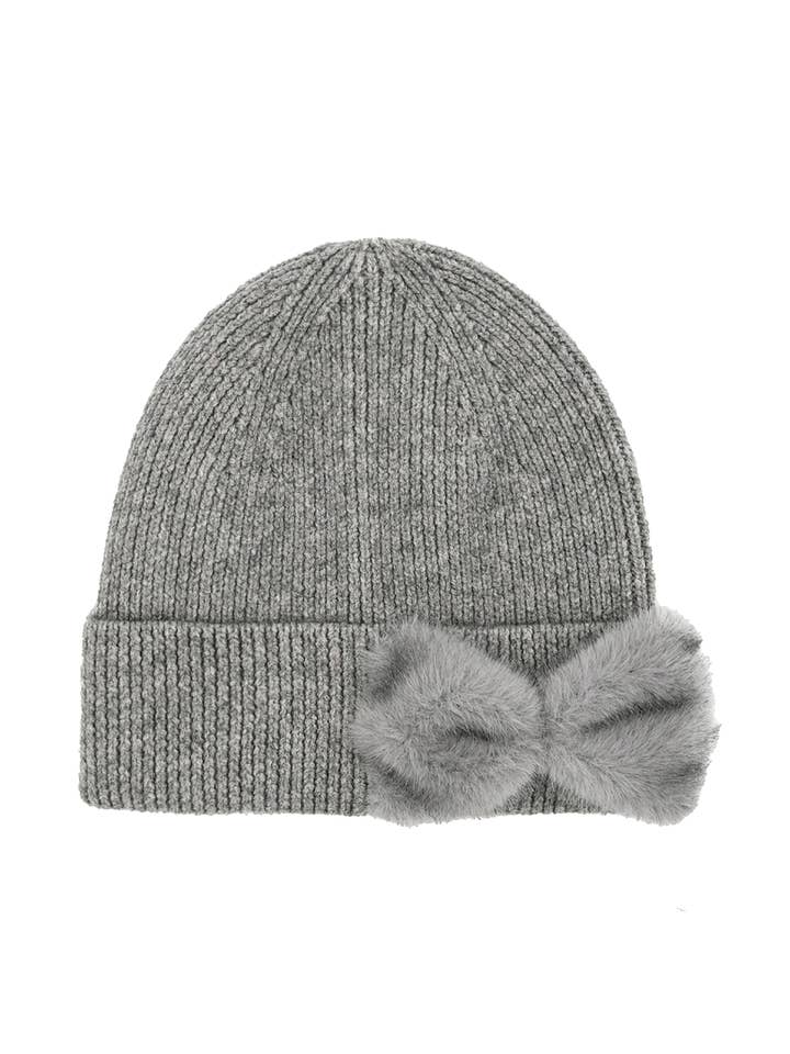 Faux Fur Bow Knit Beanie for wholesale by Embellish Your Life