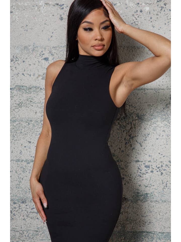 BLACK MOCK NECK DOUBLE LAYER FITTED MIDI DRESS for wholesale on Faire