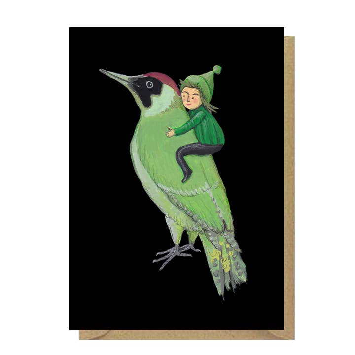 Pic vert et elfe, carte de vœux A6 pour la vente par Juliet Thomas Doodles
