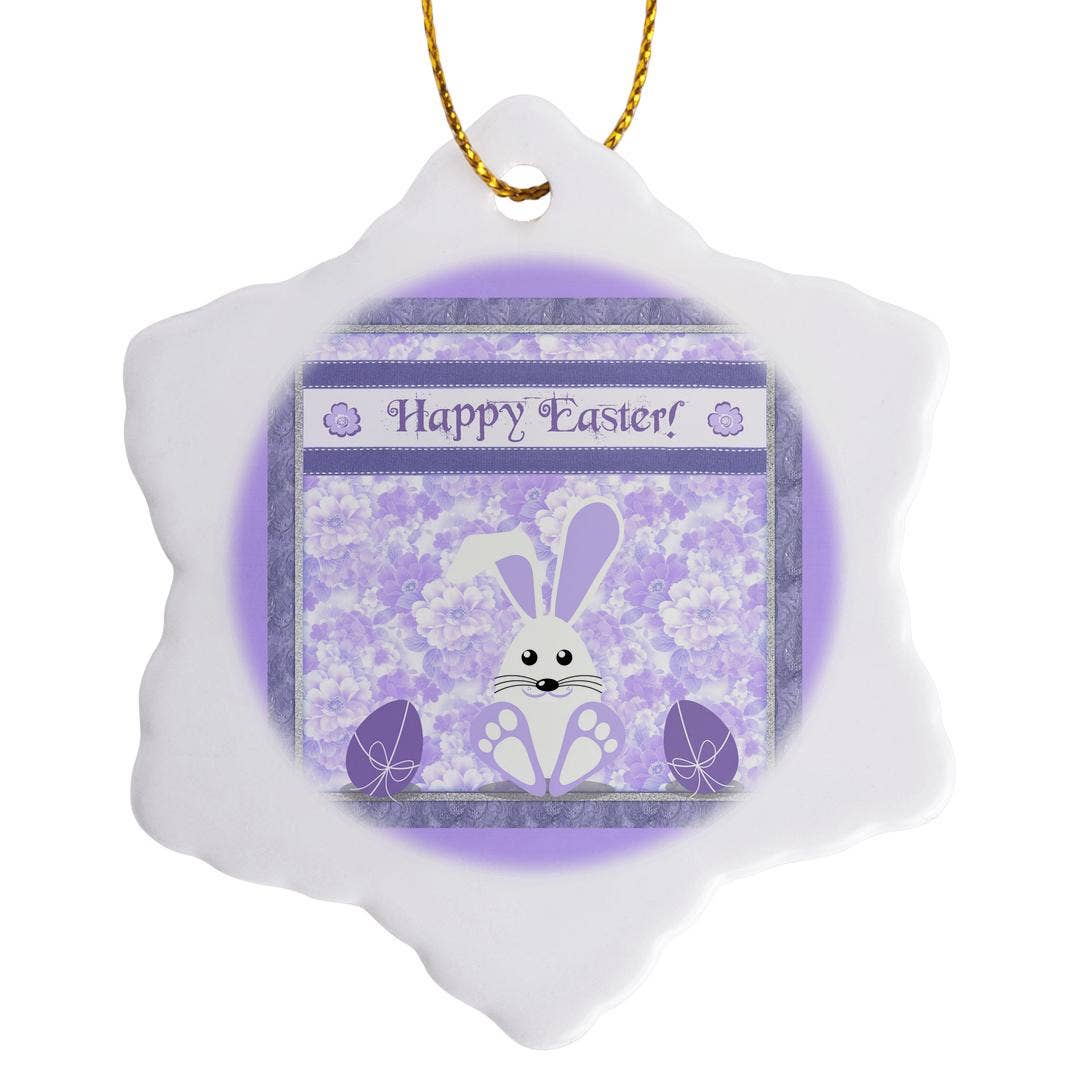 3dRose - Wholesale Ornament - 3dRose, Purple Bunny, Big Feet Next to Eggs, Flower Background, Happy Easter, Ornament0