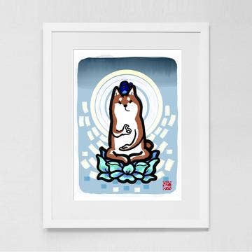 RICE&INK - Wholesale Art Print - On the Lotus Shiba Art Print Poster,Sumi-e Ink Zen Dog Art0