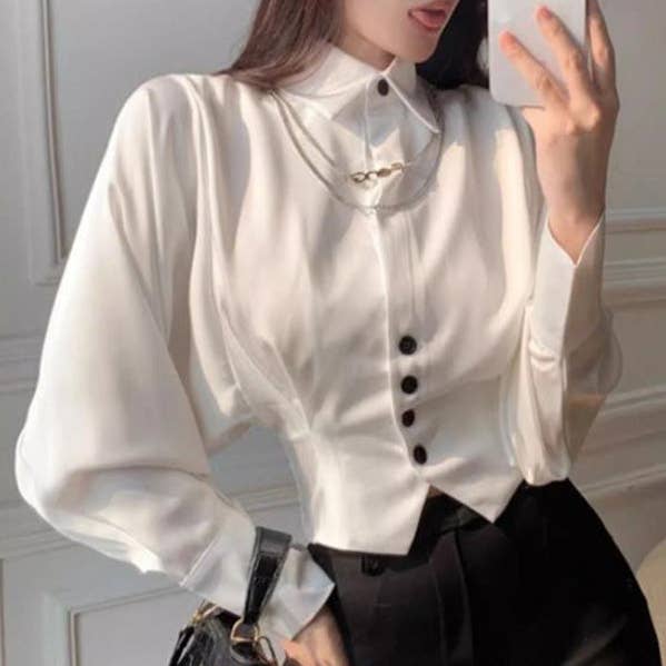 Batwing Sleeves Loose Pleated Split-Joint Lapel Blouses for wholesale by Sheer Trend