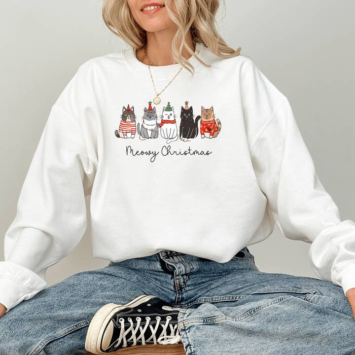 Meowy Christmas Cat Mom Crewneck Sweatshirt for wholesale by CatahoulaCreations