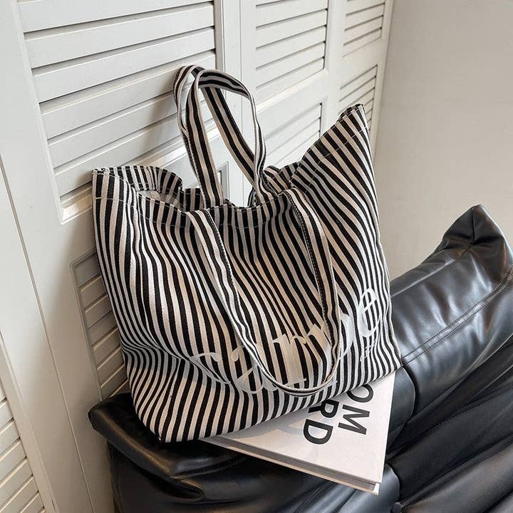 UZ Wholesale Store - Wholesale Tote bag – Women's - Striped Letter Canvas Tote Bag with Large Capacity7
