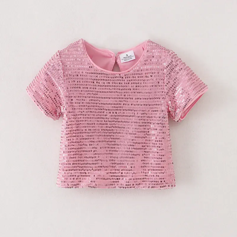 Auraquise - Wholesale T-Shirt - Kids - Girls Boutique Fashion Sequins Short Sleeves Top0