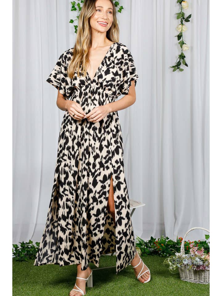 Black V-Neck Dolman Sleeve Leopard Printed Maxi Dress VD82363B for wholesale on Faire15