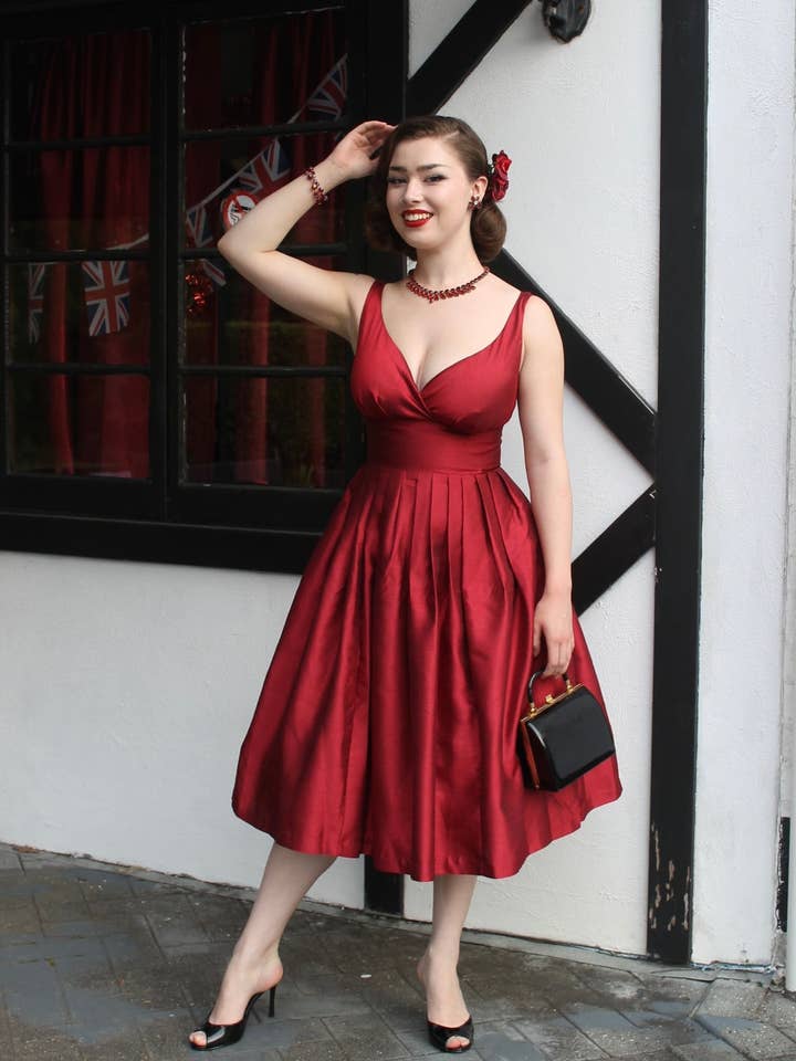 Elizabeth Midnight Scarlet Shantung Vintage Style Dress for wholesale by Retrospec'd Clothing