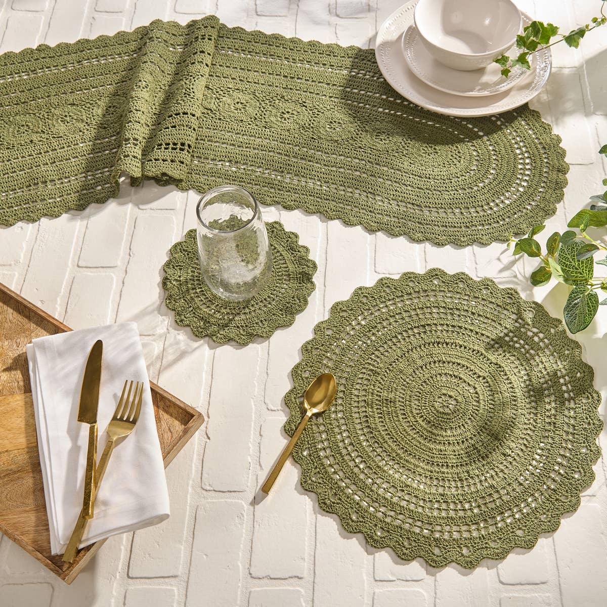 Split P - Wholesale Table Runner - Addison Crochet Table Runner 54" L - Matcha Green3