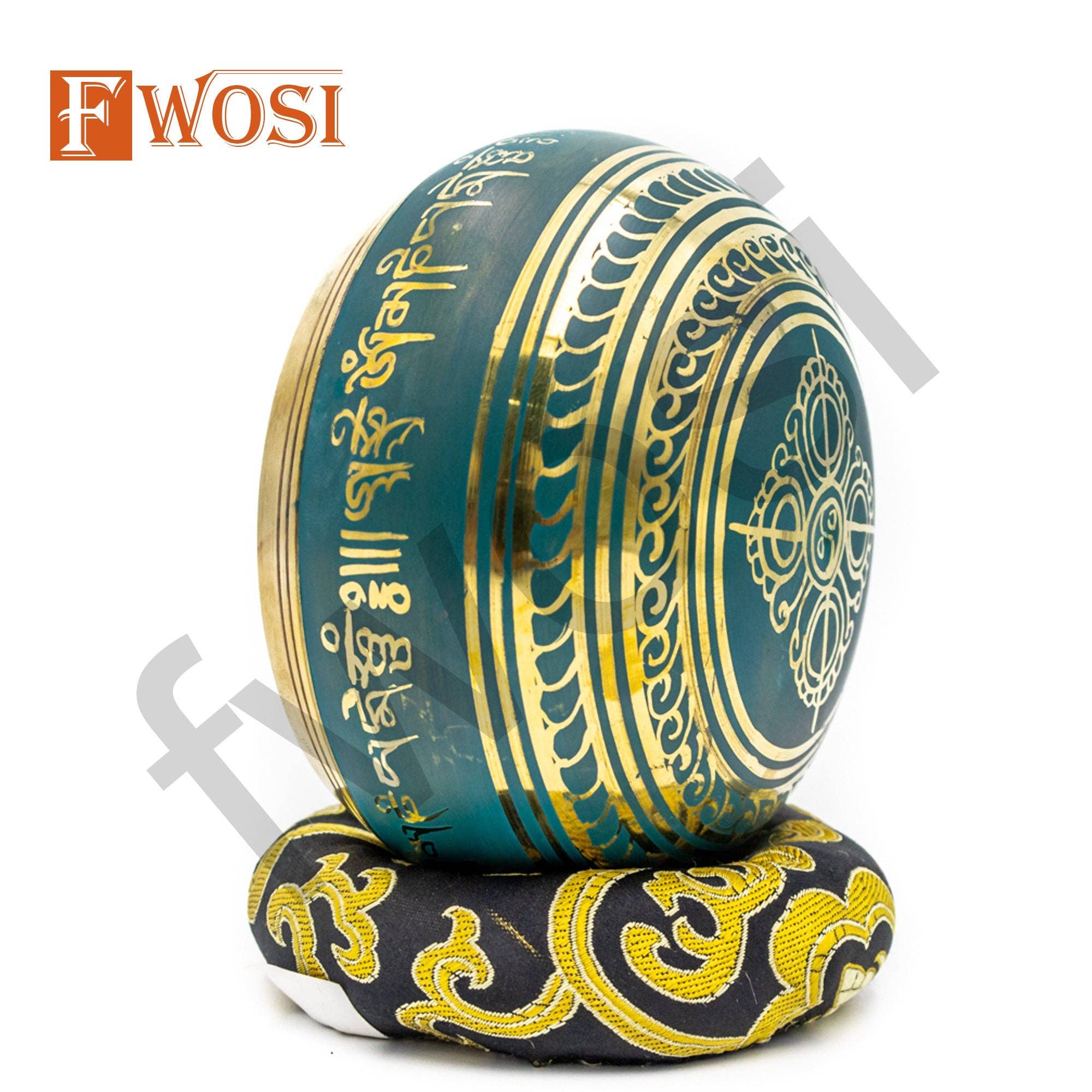 Fwosi - Vendita all'ingrosso Attrezzatura per meditazione - Ciotola Tibetana Antica Oro e Verde con Mazzuolo e Cuscino | Strumento Sonoro Spirituale per Meditazione, Yoga, Guarigione dei Chakra3