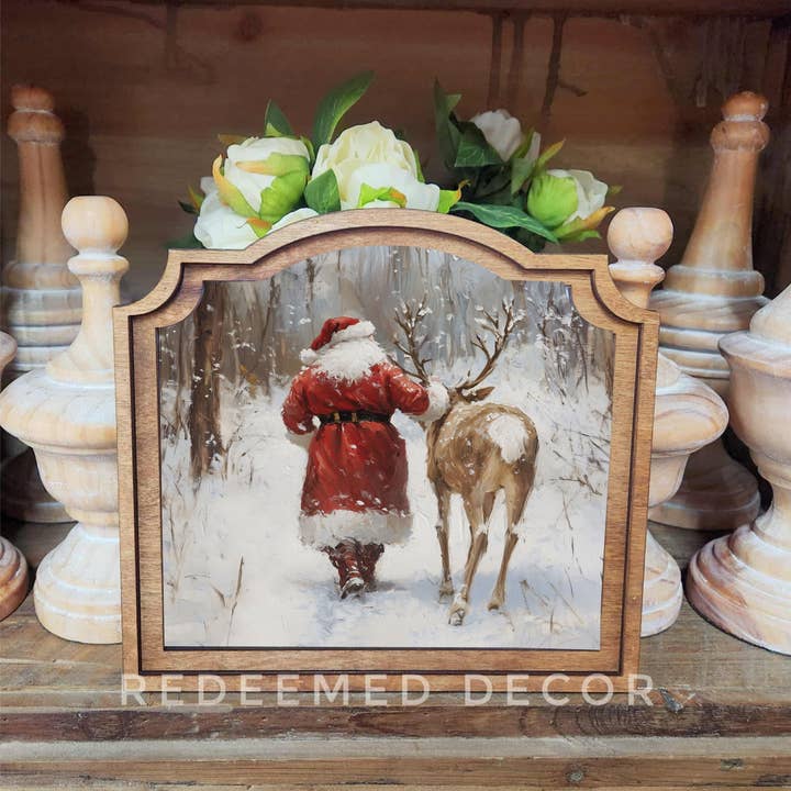 Redeemed Decor - Wholesale Decorative Tabletop Object - Provincial Santa With Reindeer Framed Art