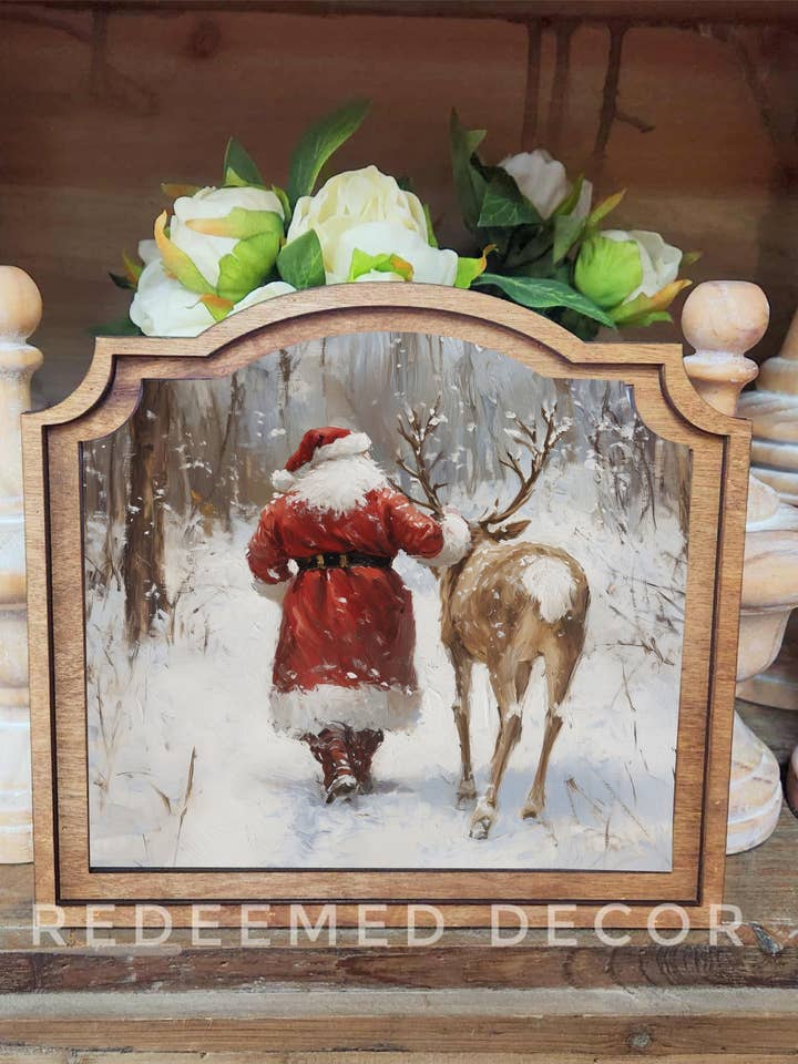 Arte emoldurada de Pai Natal provincial com renas por atacado de Redeemed Decor