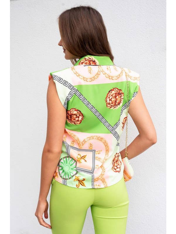 Green Pink Multi GEOMETRIC LION STATUE PRINT COLLARED TOP (23065-CHAINPURSE) for wholesale on Faire
