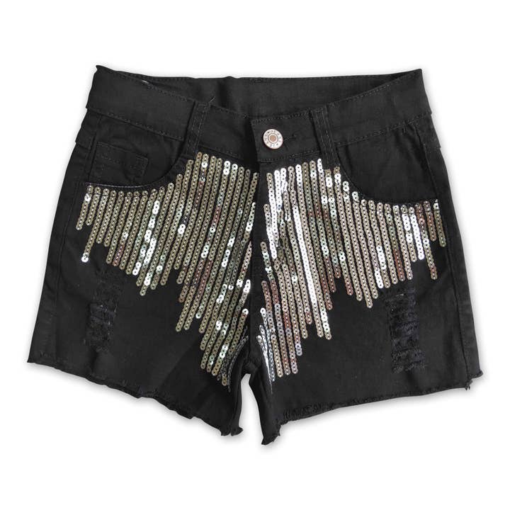 Girl Black Sequin denim shorts for wholesale by Yawoo Garments