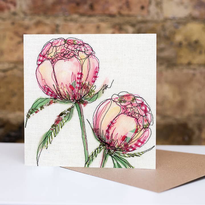 Francesca Kemp Textile Art – wholesale Everyday greeting card – Blooming Lovely Peony Embroidery Art Card