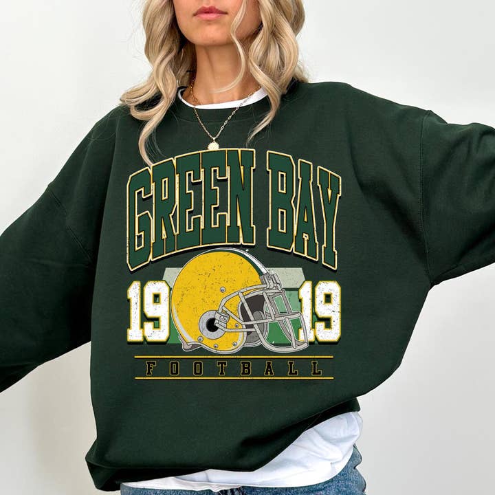 Vintage Green Bay Football Crewneck Sweatshirt & Varsity Tee for wholesale by TheKingShirt