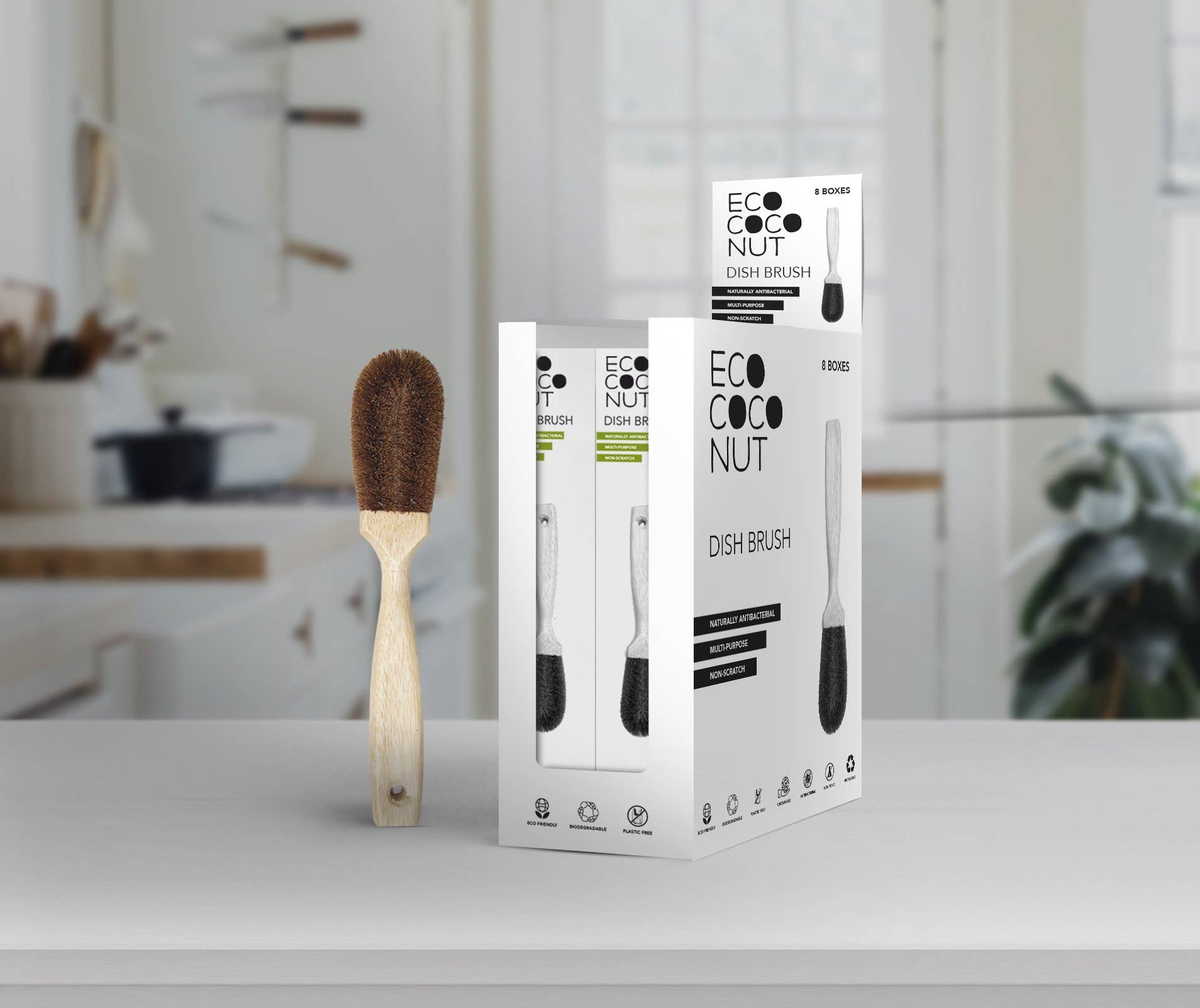 EcoCoconut - Wholesale Cleaning Brush - EcoCoconut Kitchen Cleaning Brush - 8 Units with Shelf Display
