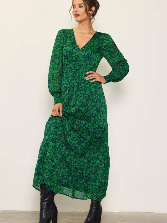 Long Sleeve V-Neck Floral Printed Maxi Dress for wholesale by SKIES ARE BLUE