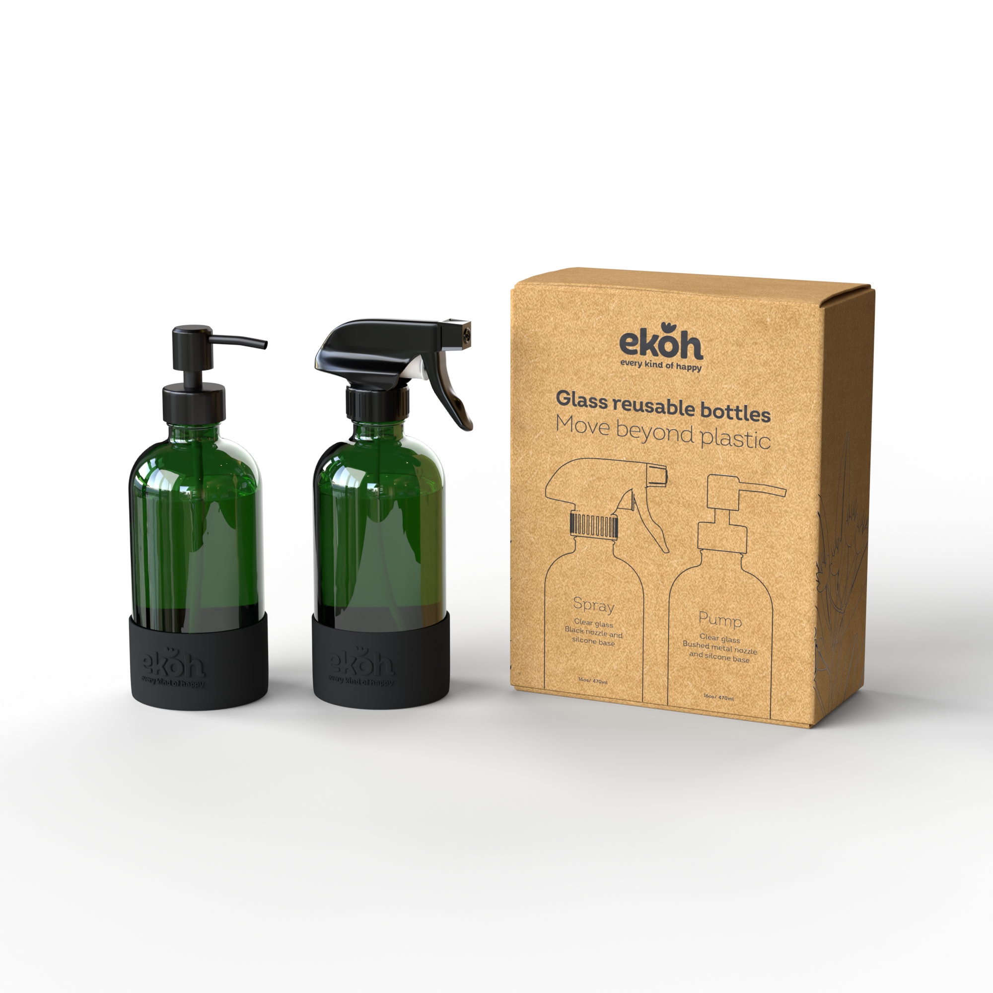 EKOH - Wholesale Spray Bottle - Green Glass Spray Bottles & Pump Dispenser 2pk - Refillable8