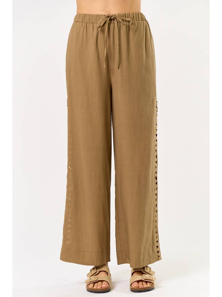 Lalavon - Wholesale Pants - Women's - ILP5676 High-Rise Linen Pants with Side Cutout Detail