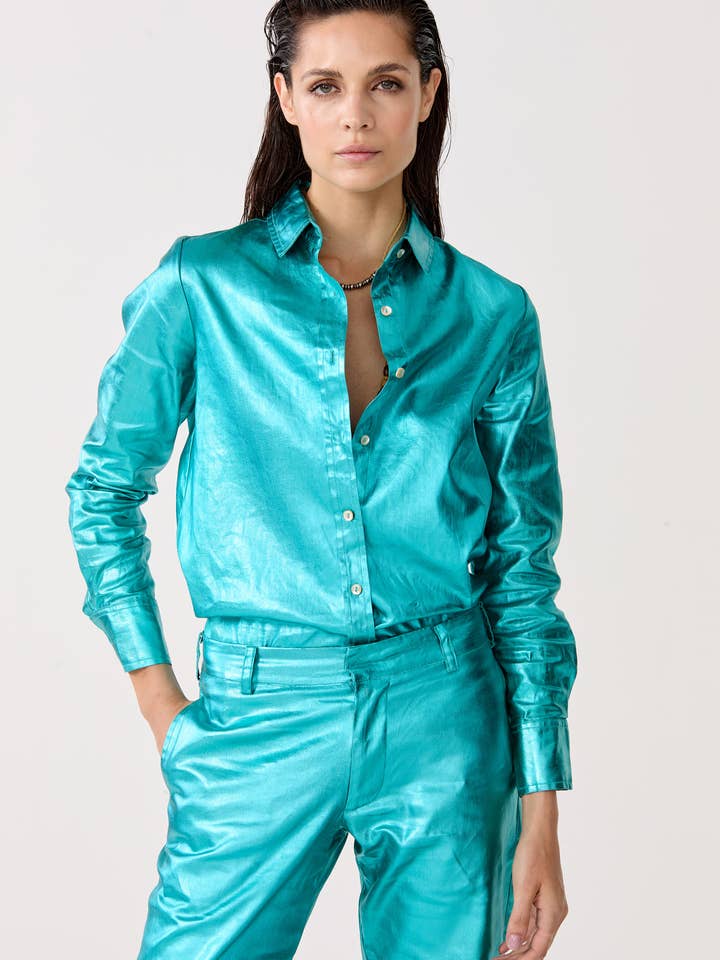 San Marino Metallic Linen Shirt - Turquoise for wholesale by Lanhtropy