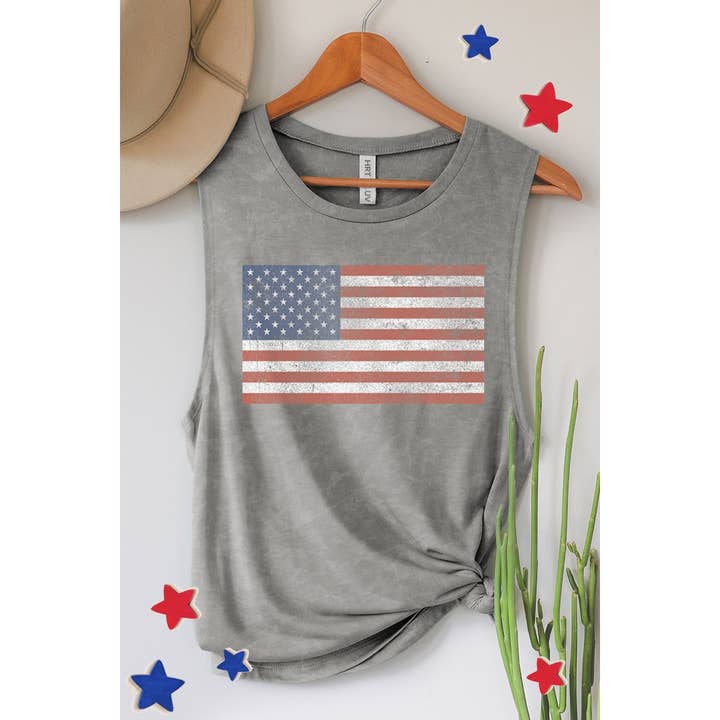 HRTandLUV - Wholesale Tank Top - Women's - VINTAGE AMERICAN FLAGS GRAPHIC TANK TOP