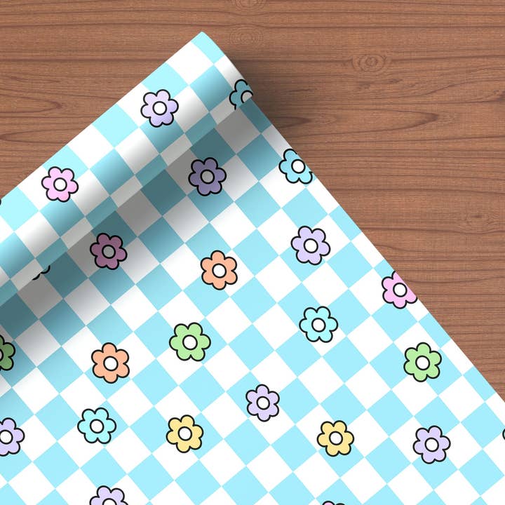 House of Binky – wholesale Flat wrap – Chequered Flower Pattern Wrapping Paper Custom Printed Gift Wrap Light Blue