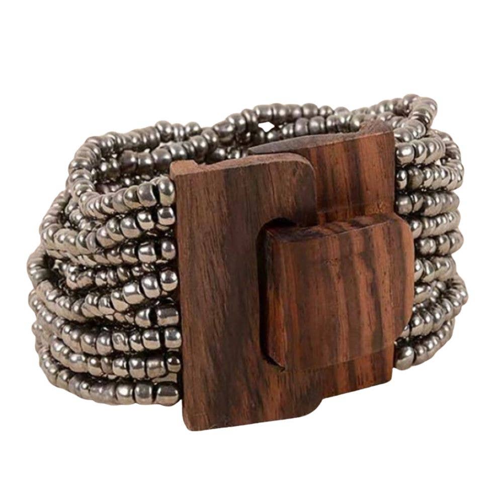 Pink House Imports - Vente Bracelet de perles - Bracelet en perles de verre de Bali avec boucle en bois1