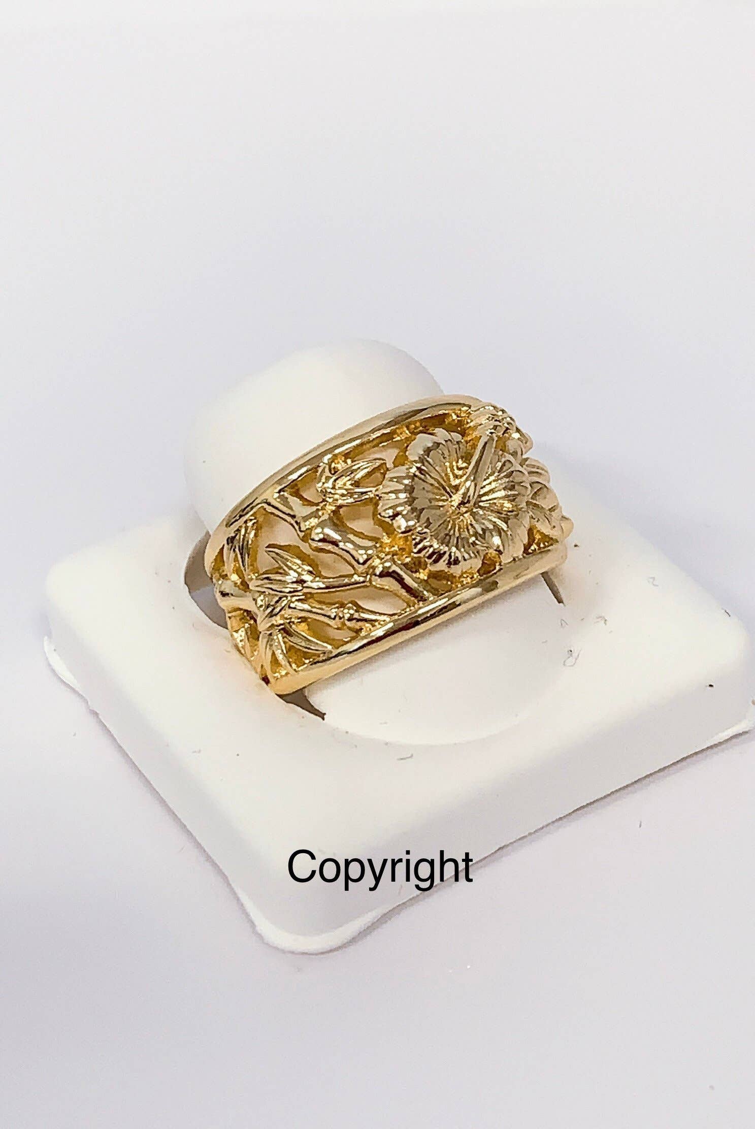 Anela's Jewelry - Wholesale Cocktail/Statement Ring - Hawaiian Hamilton Gold Bamboo Hibiscus Flower Ring2